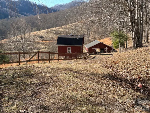 a view of a yard with large trees