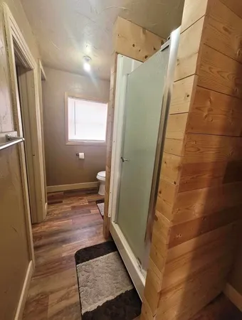 a bathroom with a sink a toilet and a shower
