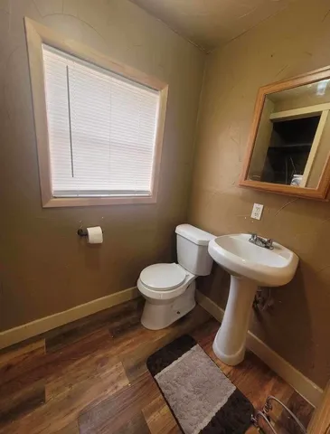 a bathroom with a toilet a sink and mirror
