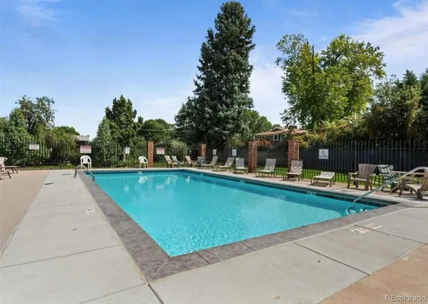 a view of swimming pool with chairs and plants
