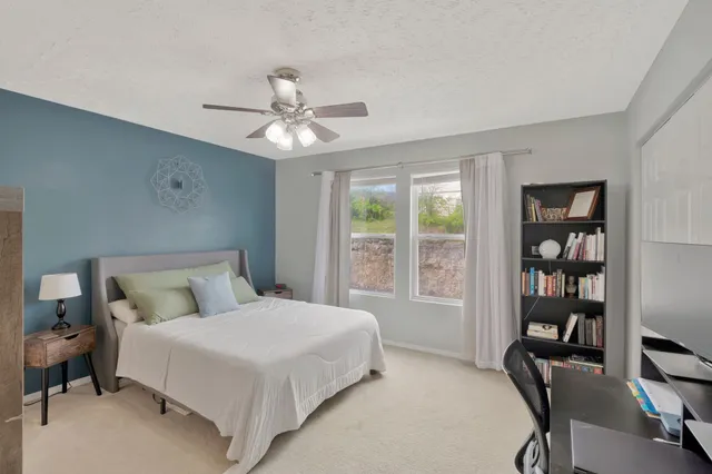 a bedroom with a large bed and a book shelf