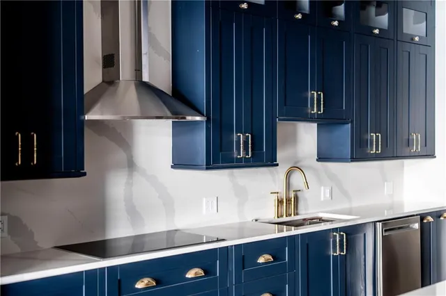 a close view of sink and cabinets