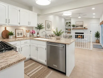 a kitchen with kitchen island granite countertop a sink stove and cabinets