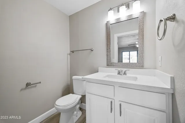 a bathroom with a toilet sink vanity and mirror