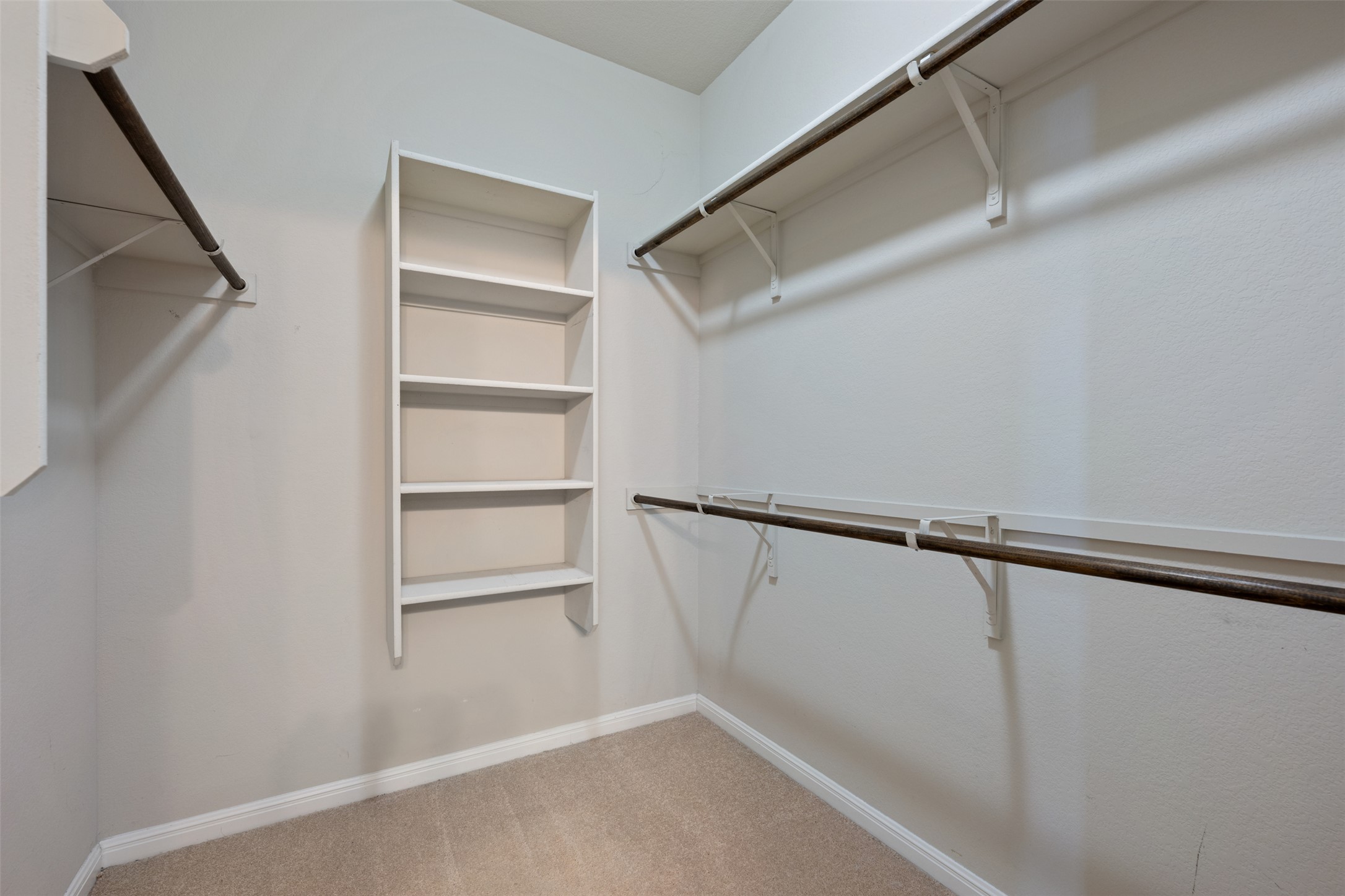 211 Parable Cove Pflugerville, TX 78660 - Photo 28 of 40 Walk-in closet featuring built-in shelving, two levels of hanging rods, and light-colored carpeting
