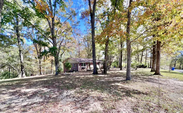 a view of a yard with a house in the background