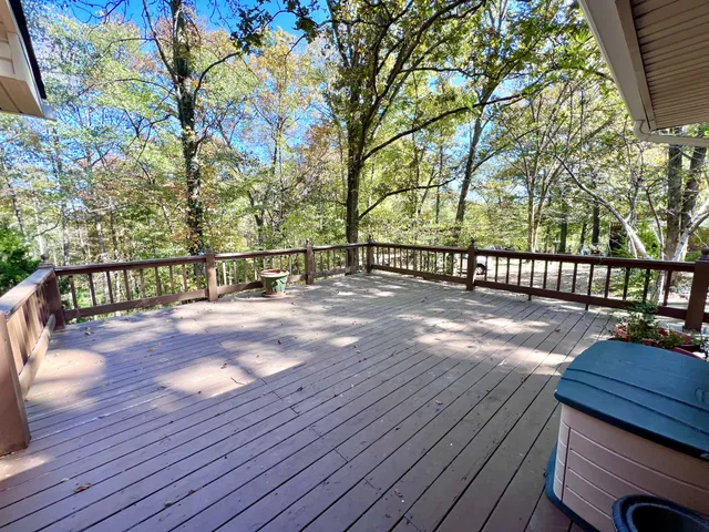 a view of backyard with deck and wooden floor