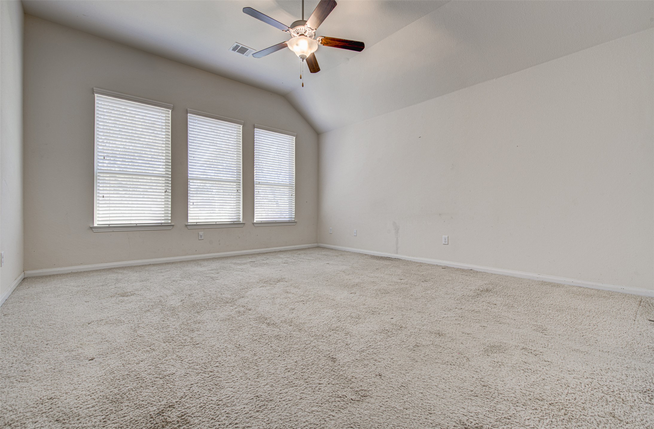 413 Pinnacle View Drive Georgetown, TX 78628 - Photo 22 of 31 Spare room with carpet floors, a ceiling fan, and vaulted ceiling