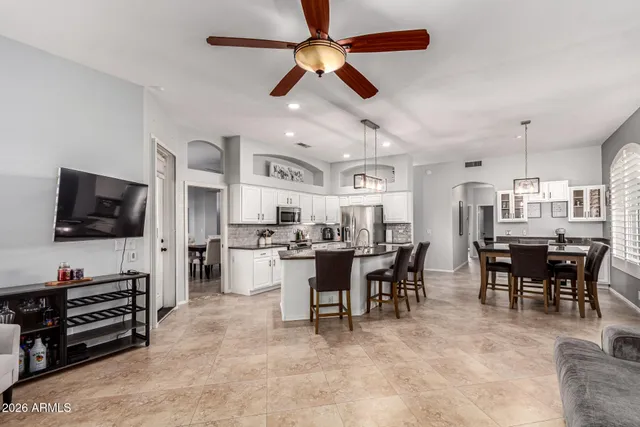 a view of a dining room with furniture