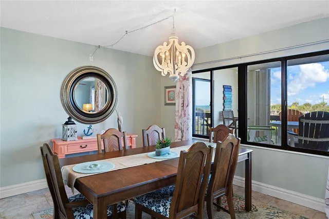 a view of a dining room with furniture window and outside view