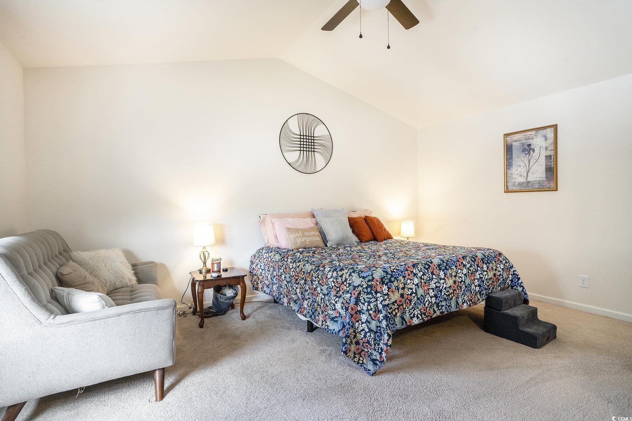 763 Trap Shooter Circle Longs, SC 29568 - Photo 16 of 37 Bedroom with carpet floors, lofted ceiling, and ceiling fan