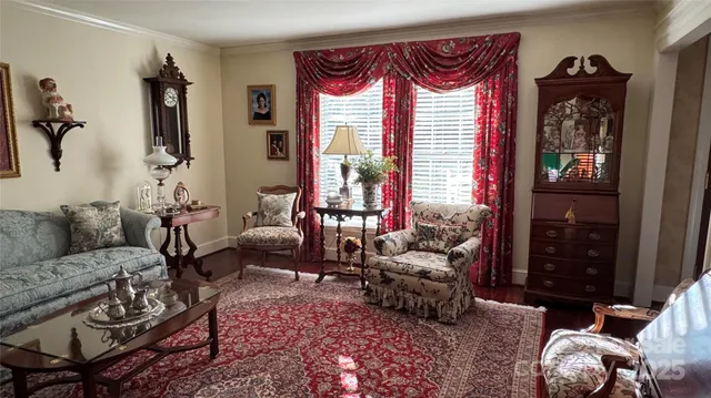 a view of a park with large trees