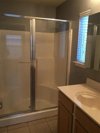 a bathroom with a shower and a sink