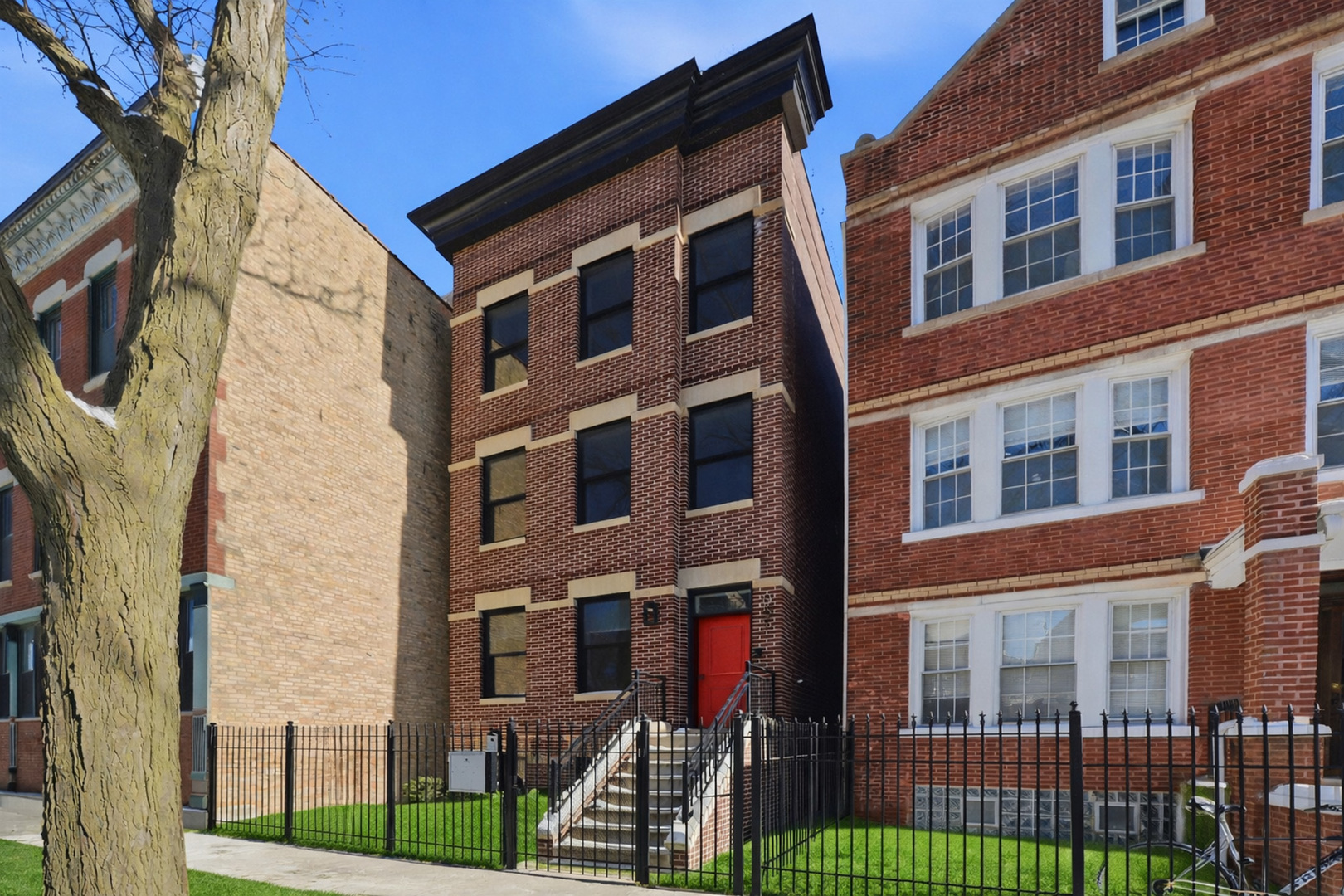 a front view of a multi story building