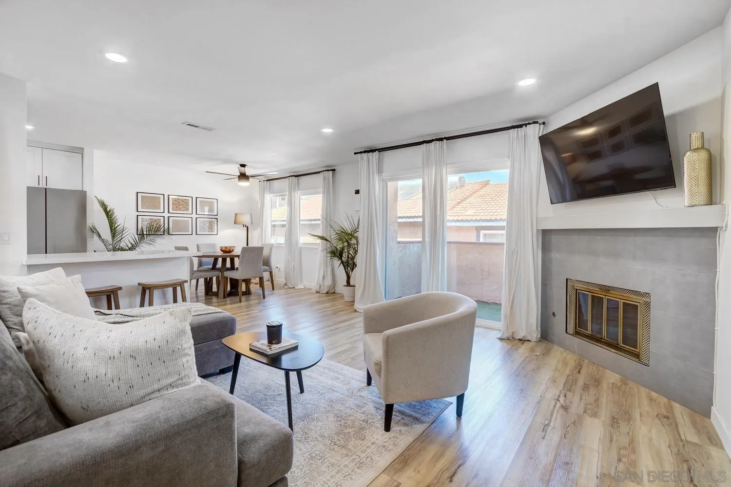 a living room with furniture a flat screen tv and a fireplace