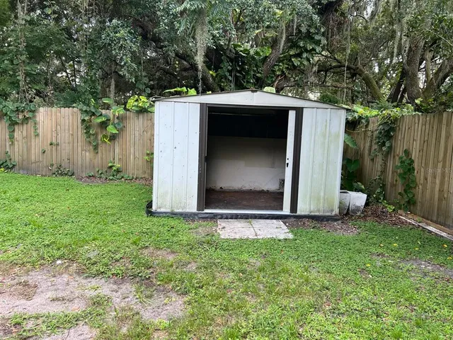 a view of backyard with a barn and a large cactus tree