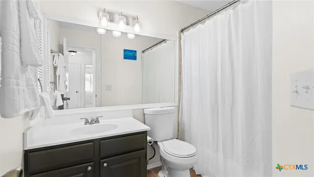 a bathroom with a sink a toilet and shower curtain