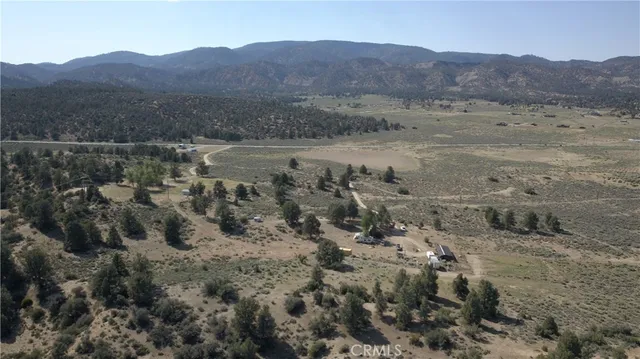 a view of a dry field with trees in the background