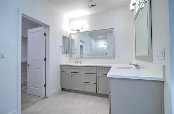 a bathroom with a double vanity sink mirror and shower