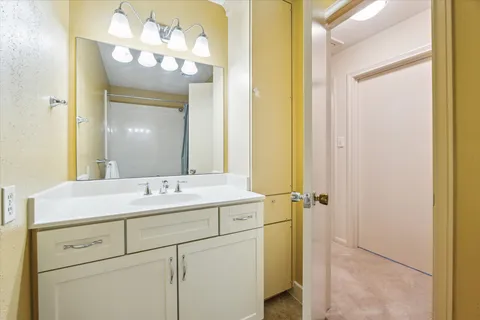 a bathroom with a shower and a sink