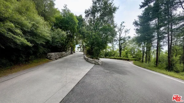 a view of a road with trees in the background