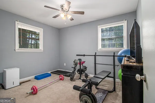 a view of a yard with plants and trees