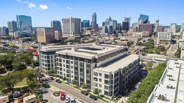 a city view with tall buildings