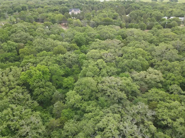an aerial view of residential houses with outdoor space and trees
