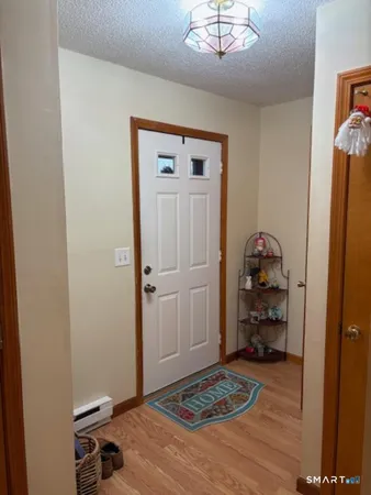 a view of a livingroom with wooden floor and closet