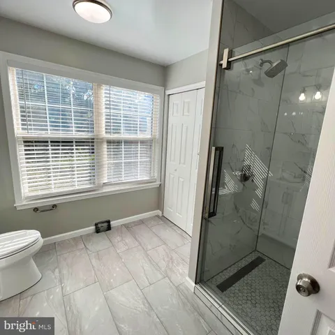 a bathroom with a shower and a toilet
