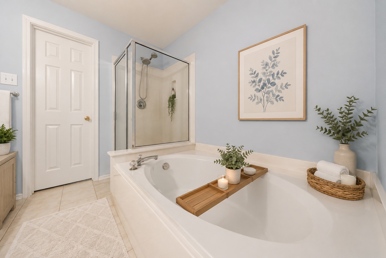 38 Musgrove Place Spring, TX 77382 - Photo 18 of 36 Spa-inspired bathroom featuring a soaking tub, tiled floors, and glass-enclosed shower for everyday luxury.