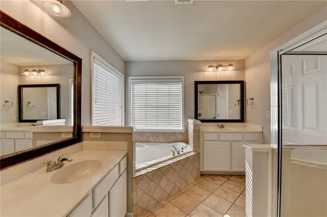 a bathroom with a tub sink and mirror