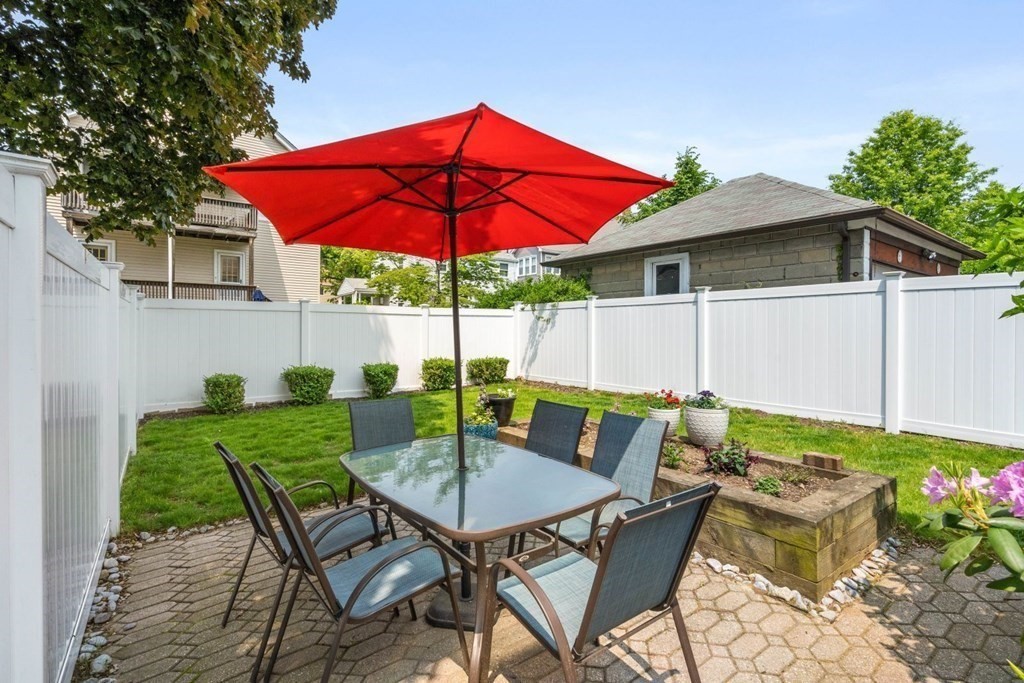 33 Bromfield Street, Unit 33 Watertown, MA 02472 - Photo 18 of 21 a view of a patio with a table and chairs under an umbrella
