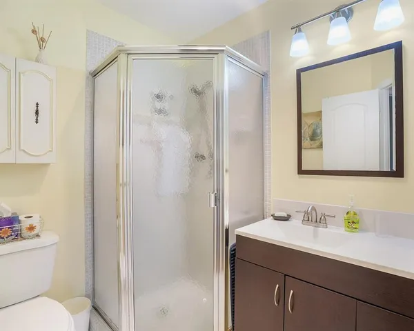 a bathroom with a shower sink vanity mirror and toilet