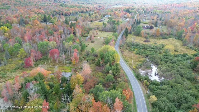 an aerial view of residential houses with outdoor space and trees