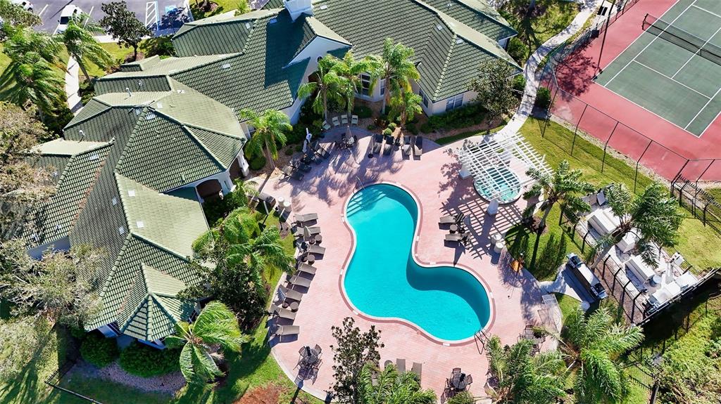 an aerial view of a swimming pool