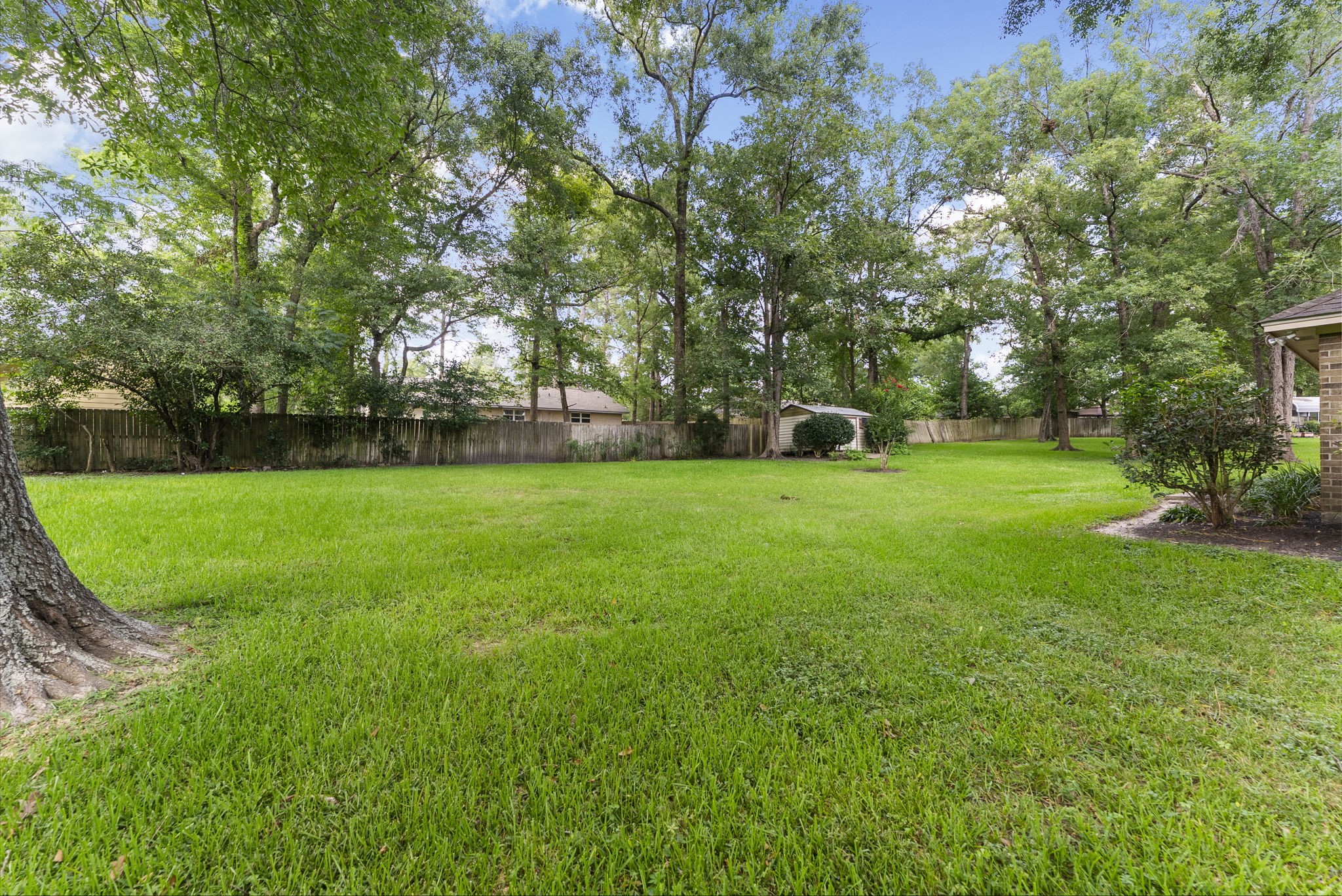 202 Sunset Boulevard Conroe, TX 77303 - Photo 44 of 50 Expansive backyard with lush green grass, mature trees, and a wooden fence for privacy. Ideal for outdoor activities and relaxation.