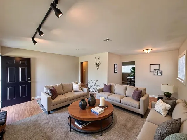 a living room with furniture and a rug