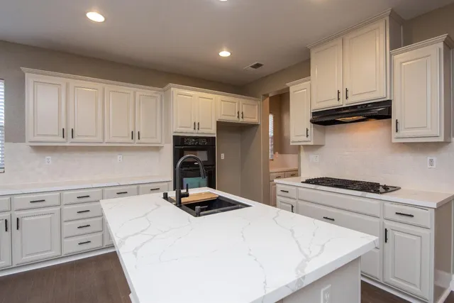 a kitchen with appliances a sink and cabinets