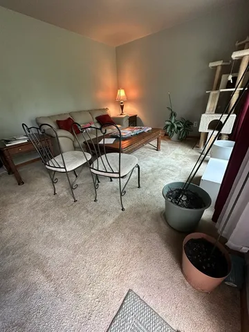 a living room with furniture and a lamp