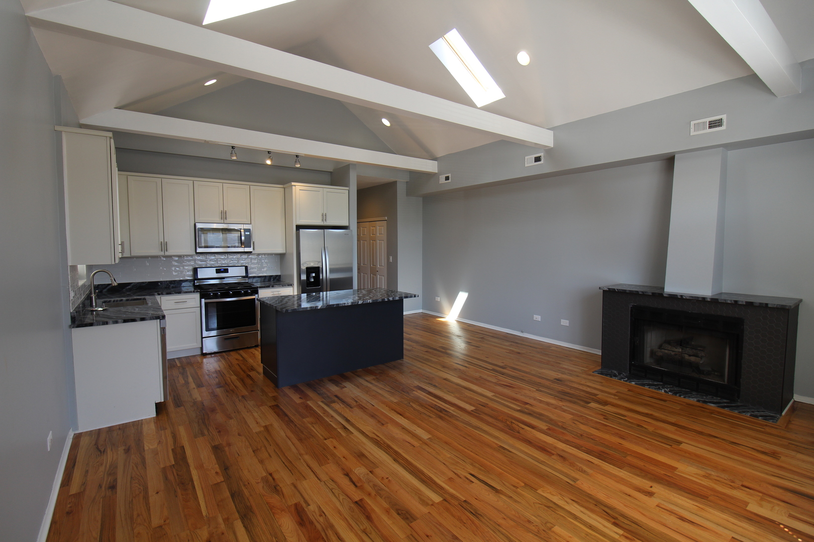 2054 West Division Street, Unit 3 Chicago, IL 60622 - Photo 3 of 15 a large living room with stainless steel appliances kitchen island granite countertop a stove a refrigerator a sink and a cabinets with wooden floor