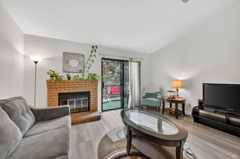 a living room with furniture a flat screen tv and a fireplace