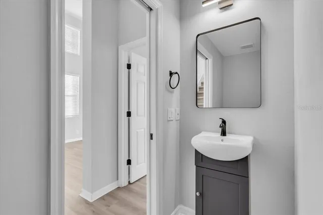 a bathroom with a sink and a mirror