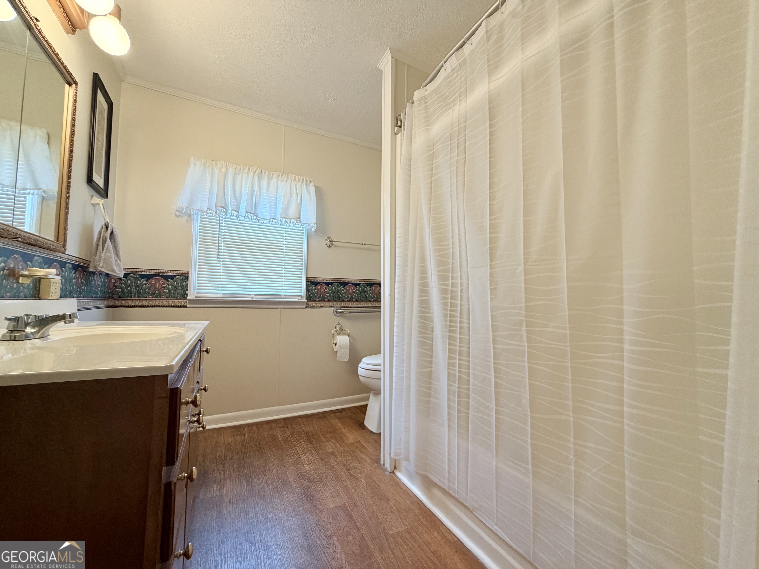 17 2nd Street McRae-Helena, GA 31037 - Photo 29 of 51 a room with a sink a mirror and a shower curtain
