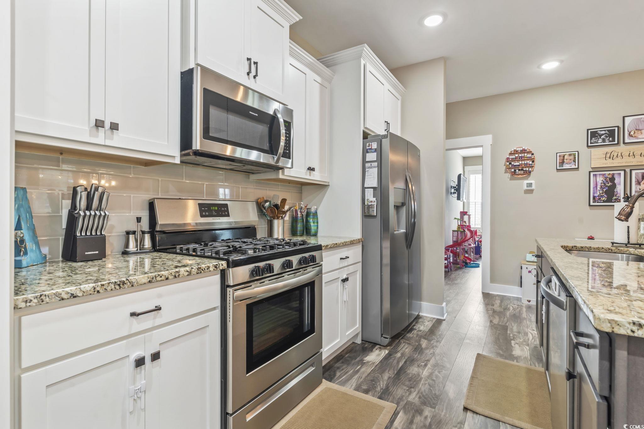 175 Rivers Edge Drive Conway, SC 29526 - Photo 9 of 37 Kitchen featuring stainless steel appliances, light stone counters, white cabinets, decorative backsplash, and dark wood-type flooring
