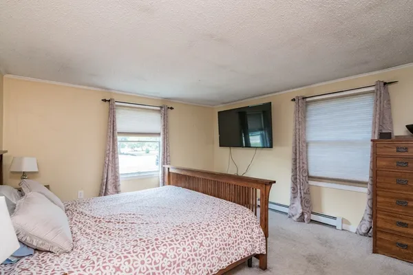 a bedroom with a bed and a television