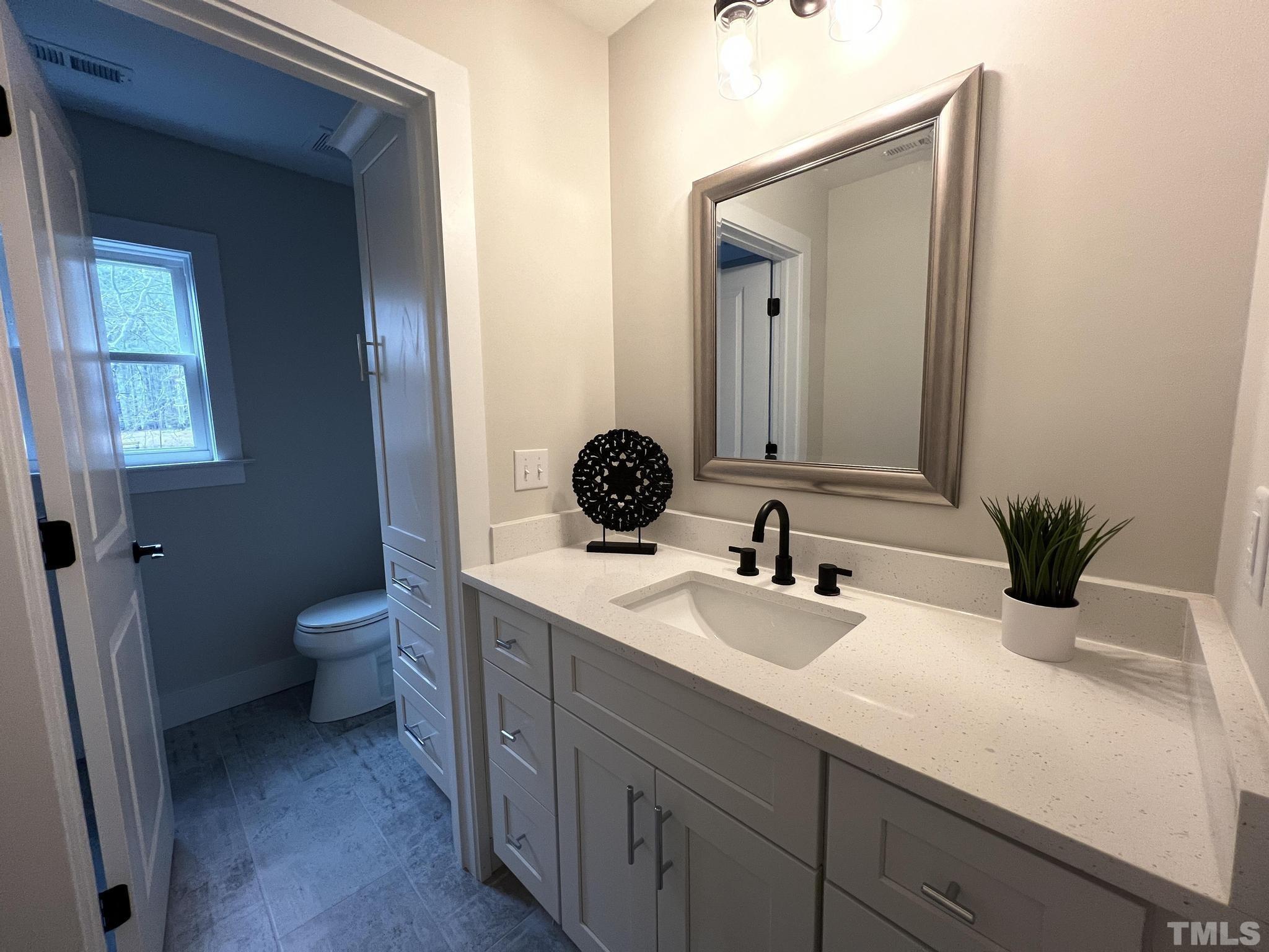 1108 Hammerman Drive Willow Spring, NC 27592 - Photo 14 of 22 a bathroom with a toilet a sink and mirror