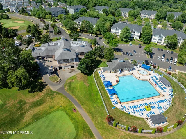 an aerial view of a swimming pool