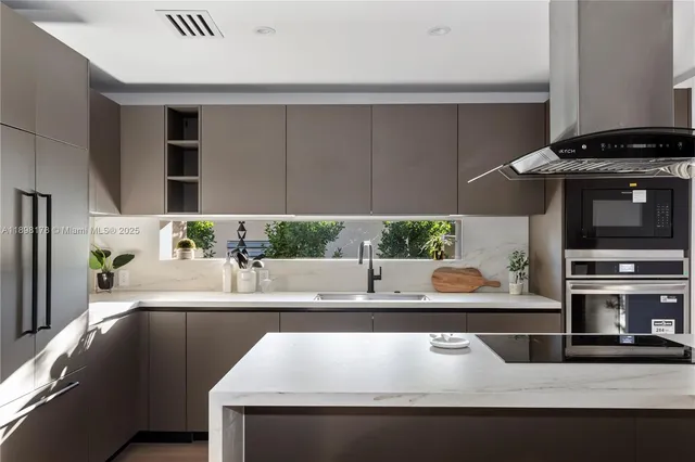 a kitchen with a stove and a microwave