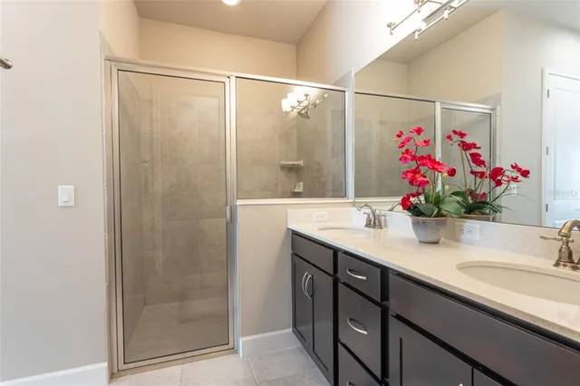 a bathroom with a shower sink vanity and a mirror